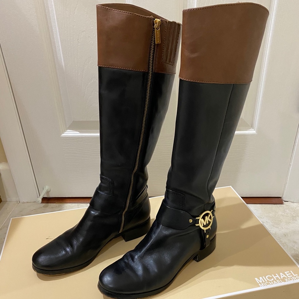 Black & Tan Michael Kors Fulton Harness Knee Boots